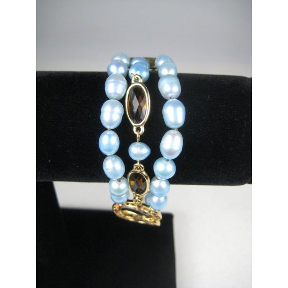 Faux Pearl Multi Strand Beaded Bracelet Goldtone Faceted Rhinestones Jewelry 7 i - Picture 8 of 9